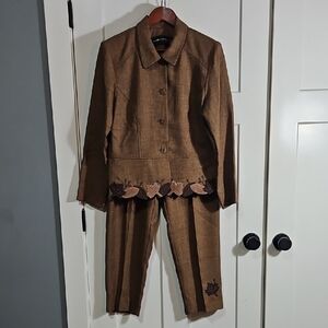 Vintage 90s Sag Harbor Brown Leaf Embroidered Two-Piece Pantsuit, Size 12